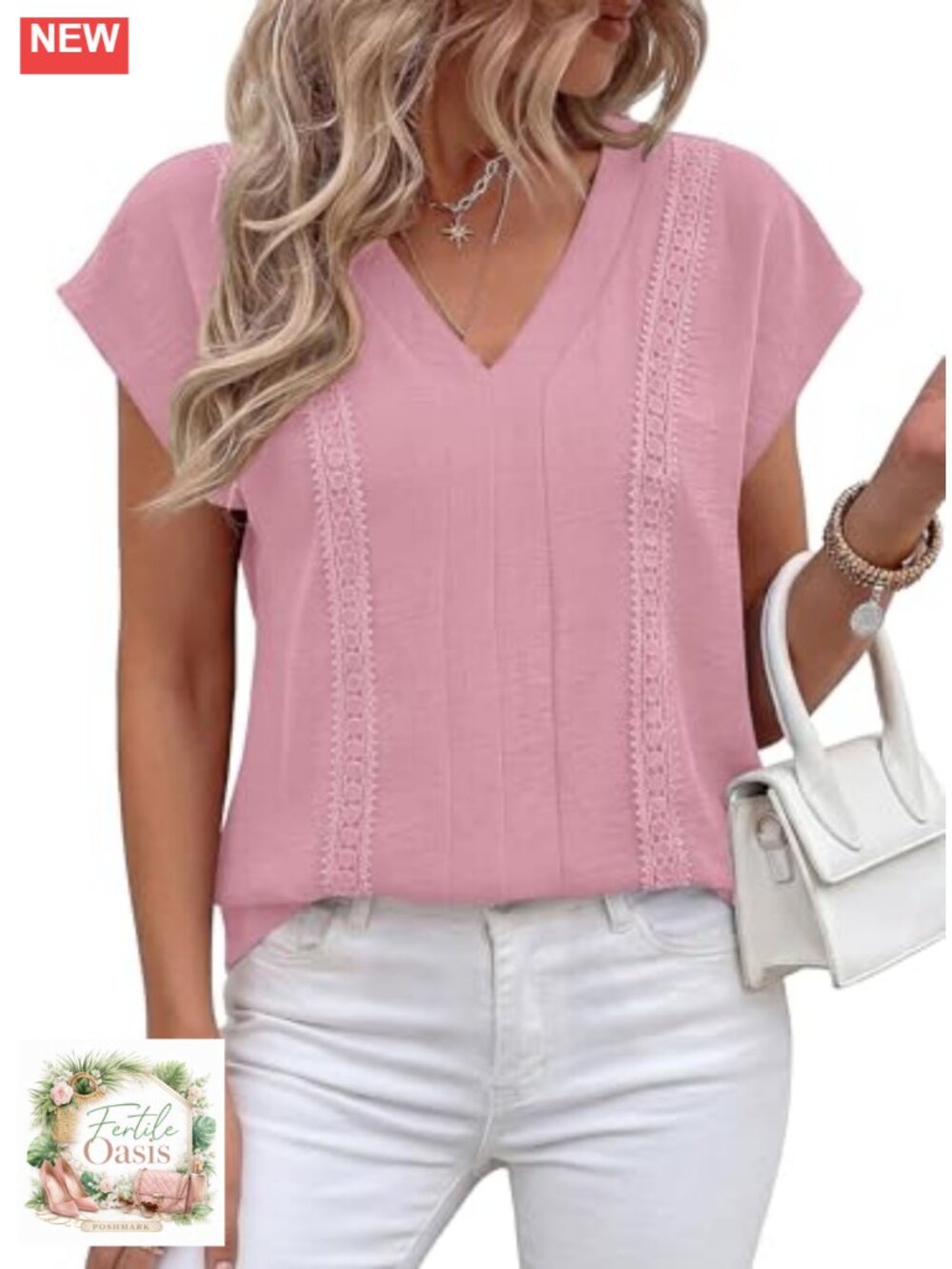 Women's Dressy Casual Blouse V-Neck Cap Sleeve Lace Trim